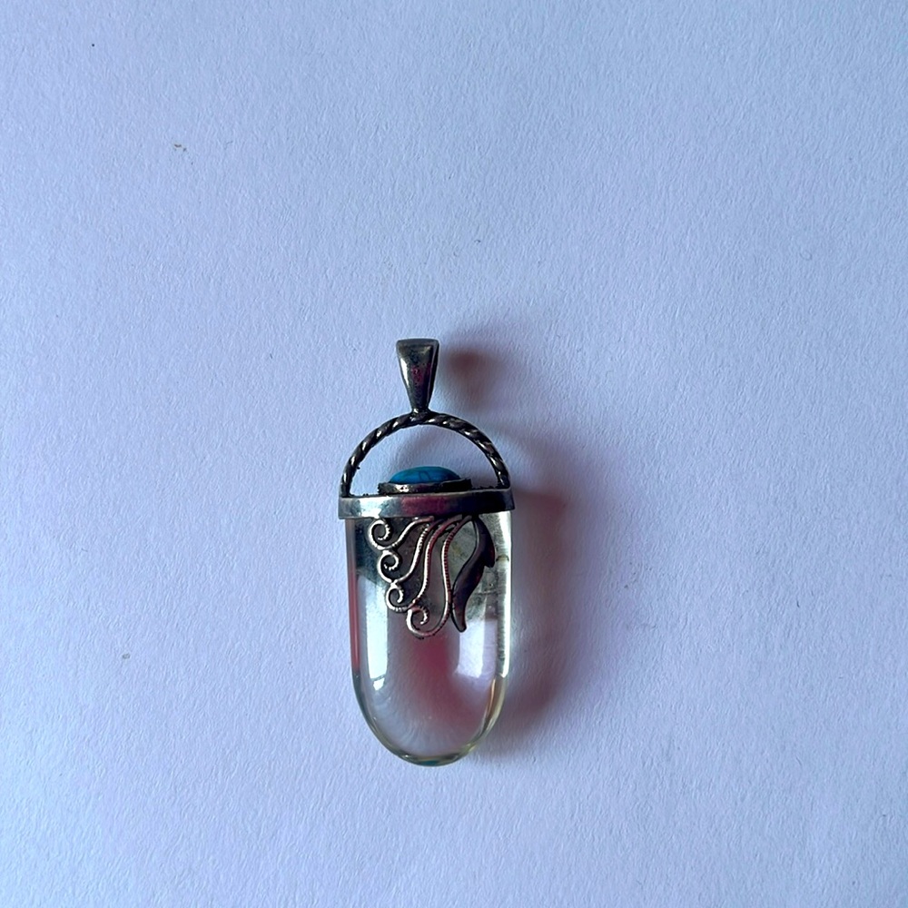 925 Sterling Silver Vintage Real Crystal Amulet Pendant with small turquoise.